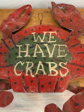 Vintage Handmade “We Have Crabs” Wood & Tin DOUBLE-SIDED Folk Art Sign
